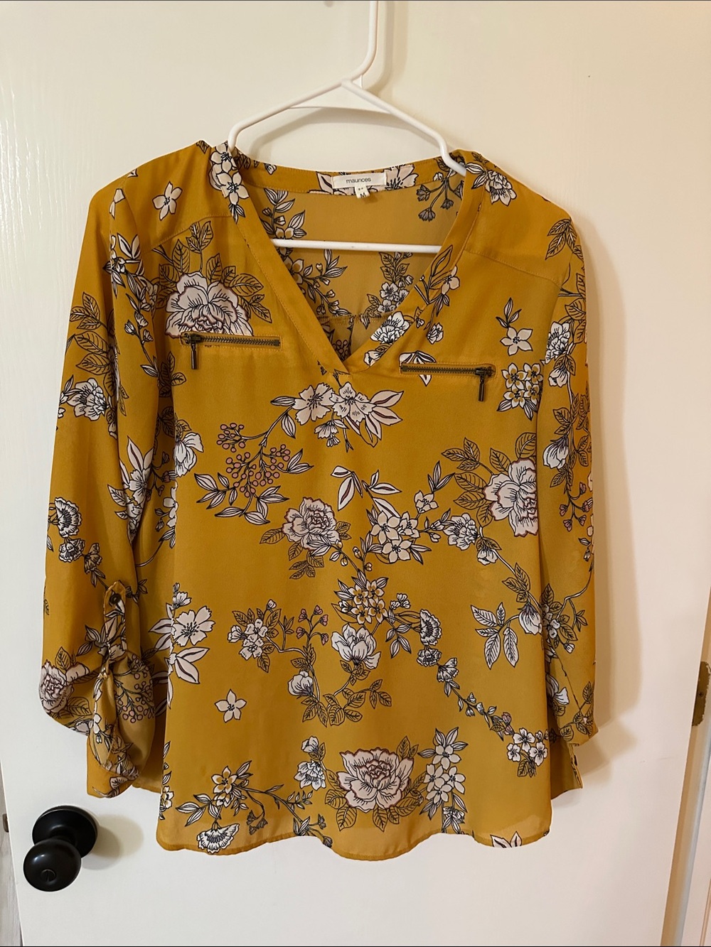 Maurices Mustard Yellow Floral V-Neck Blouse